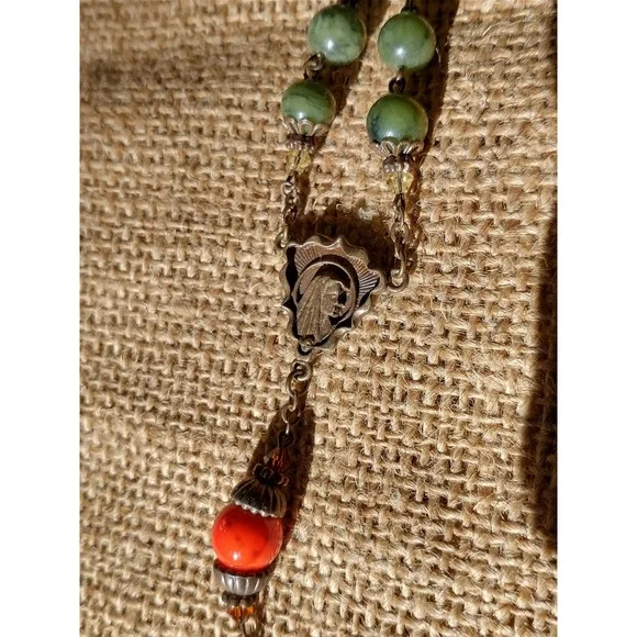 Connemara Marble Rosary Beads Green Orange Celtic Cross Necklace Made in Ireland - Picture 4 of 9